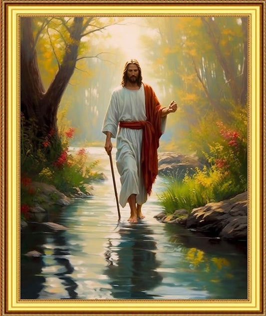 Foxnyart Stamped Cross Stitch Kits Full Range of Embroidery Needlework Starter Kits for Beginners Adults 11CT Embroidery Patterns Art Crafts DIY Needlepoint Kit-Exploring Forest Jesus 16x20 inchs