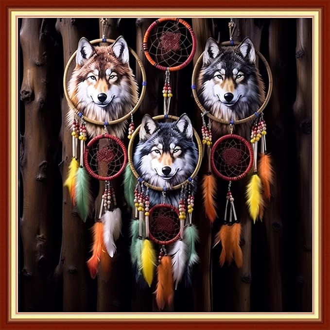 Disxvivy Cross Stitch Stamped Full Embroidery Kits DIY 11CT Cotton Thread Printed DIY Needlepoint Kits Craft Needlework Set Cross-Stitch Stamped Sets-Wolf Wind Chime 18x18 inch