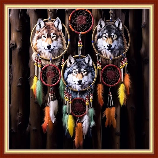 Disxvivy Cross Stitch Stamped Full Embroidery Kits DIY 11CT Cotton Thread Printed DIY Needlepoint Kits Craft Needlework Set Cross-Stitch Stamped Sets-Wolf Wind Chime 18x18 inch