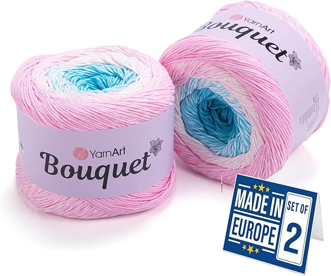 2 Skein Yarn Art Bouquet 100% Cotton 250grx2 550yardsx2 Multicolor Cotton Cake Yarn, Ombre More Softness, Gradient Rainbow Crochet Spring Summer Light 3, Top 5 Most Used Colors (Bouquet 702)