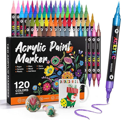 WINSONS 120 Colors Acrylic Paint Markers Dual Tip Dual Colors Brush Tip Pens for Rock Painting Supplies, Canvas, Wood, Calligraphy, Metal, Glass, DIY Crafts Art Supplies Kit (120 Colors - Dual Colors)