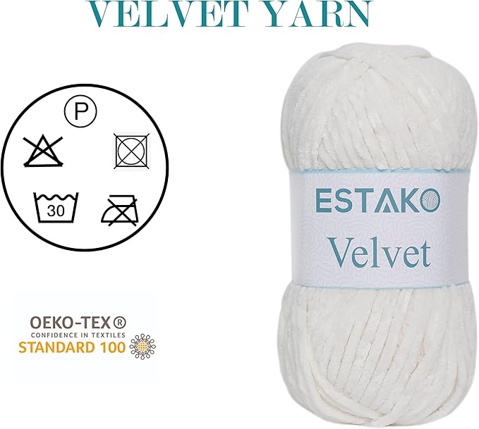 Estako Velvet (3- Skeins Pack) Chenille Blanket amigurumi Yarn for Crocheting and Knitting Super Bulky 3x100 gr (3x132 yds) (1150 - Cream)