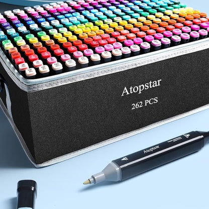 ATOPSTAR 262 Colors Alcohol Markers for Artist Drawing - Dual Tip Art Markers for Adult Coloring Painting Supplies (262 Black Shell)