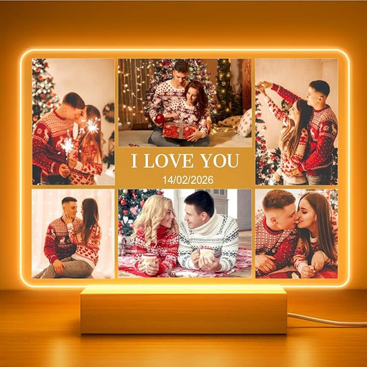 Personalized Photo Frame with Night Light, Custom Picture Frame with Photo, Acrylic Plaque Gift for Couple, Christmas Anniversary Birthday Gifts for Her Him Wife Husband (LOVE 2)