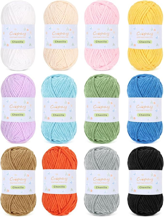 Coopay Chenille Yarn for Crocheting/Knitting, 12 Pack Medium Worsted Weight Yarn of 50g/1.76oz - Total 780yd, Soft Velvet Crochet Yarns for Plush Toys, Baby Blankets, Scarves (Colorful)