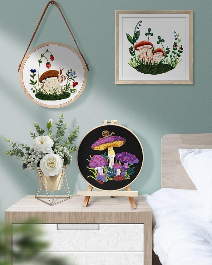 TINDTOP Embroidery Kit for Adult for Beginners, 9 Sets Hummingbird Butterfly Mushroom Flower Embroidery Kit for Beginners Include Embroidery Cloth Hoop Threads with Embroidery Skill Techniques