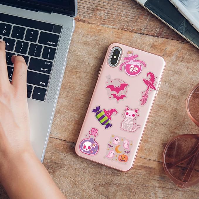 50PCS Cute Pink Halloween Stickers – Kawaii Ghosts, Pumpkins, Cats, Witch Hats, Skull & Trick or Treat Vinyl Decals for Scrapbook, Planner, Journal, DIY Crafts, Laptop, Water Bottle Decoration