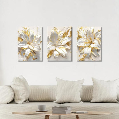 WENGTIAO 3Pcs Elegant White Lily Flowers Canvas Wall Art Boho White Floral Gold Edges Prints Pictures Paintings Beige Blossom Artwork for Living Room Bedroom Office Bathroom 16”x24 x3