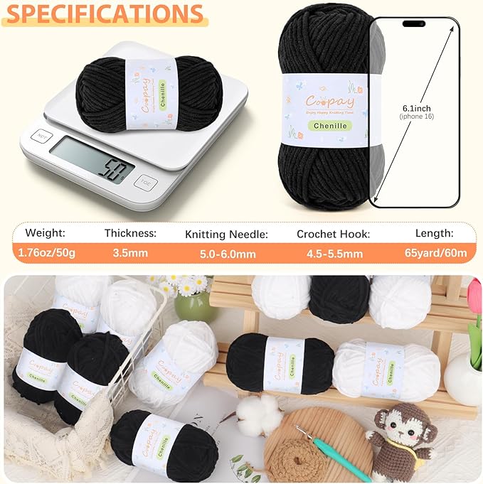 Coopay Chenille Yarn for Crocheting/Knitting, 8 Pack Medium Worsted Weight Yarn of 50g/1.76oz - Total 520yd, Soft Velvet Crochet Yarns for Plush Toys, Baby Blankets, Scarves (Black)