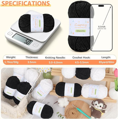 Coopay Chenille Yarn for Crocheting/Knitting, 8 Pack Medium Worsted Weight Yarn of 50g/1.76oz - Total 520yd, Soft Velvet Crochet Yarns for Plush Toys, Baby Blankets, Scarves (Black)