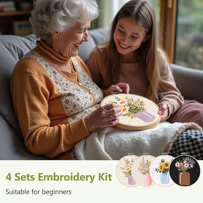 Santune Embroidery Kit for Beginners 4 Pack Needlepoint Cross Stitch Kits for Adults,Needle Point Sets with Flower Pattern Stitch Video Tutorial