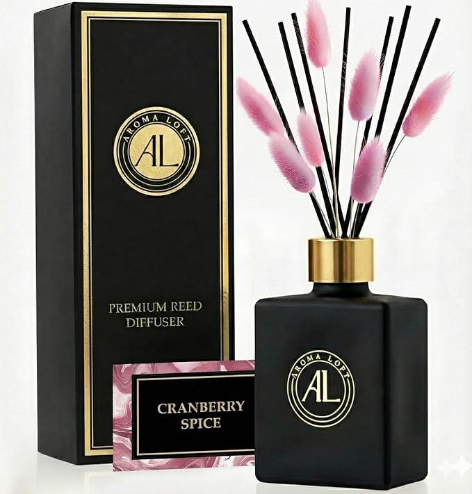 Reed Diffuser - Fragrance Diffuser for Home - 5 oz. Oil Diffuser Sticks - Bathroom Diffuser Set- Oil Diffuser Reeds - Scent Sticks in Oil-Office Smell Good Stuff (Black, Cranberry Spice)