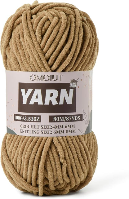 Light Coffee Fluffy Chenille Yarn for Crocheting - Baby Yarn for Crocheting Soft Blanket - (100g/87.4yds) Crochet Amigurumi Chunky Yarns - Super Bulky 5 Velvet Yarns