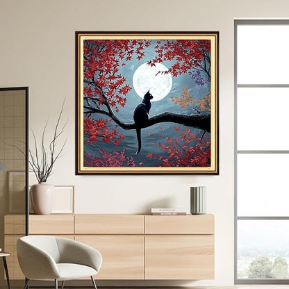 DMCVIVR Stamped Cross Stitch Kits for Adults Beginners Embroidery Kits 11CT Needlepoint Kits Cross Stitch Patterns Embroidery Patterns-Cat Admiring The Moon 18x18 inch