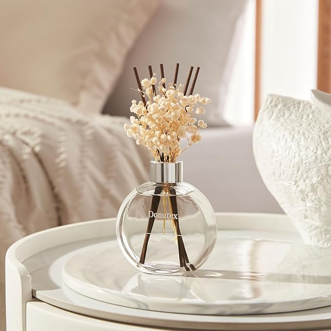Donurex Flower Reed Diffuser Set 5.07oz Clean Linen Scent Diffuser with Sticks Home Fragrance Reed Diffuser for Bathroom Shelf Decor