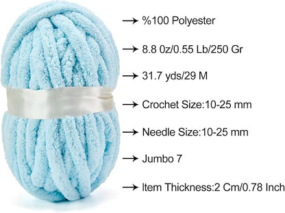 ERLYEEN Chenille Chunky Yarn Super Bulky Soft Thick Fluffy Jumbo Giant Washable Polyester Big Yarn DIY for Arm Knit Blanket Cushion Bed Sofa Home Decor,Light Blue,2.2LB