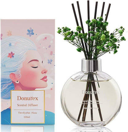 Donurex Flower Reed Diffuser Set 5.07oz Eucalyptus & Moss Scent Diffuser with Sticks Home Fragrance Reed Diffuser for Bathroom Shelf Decor