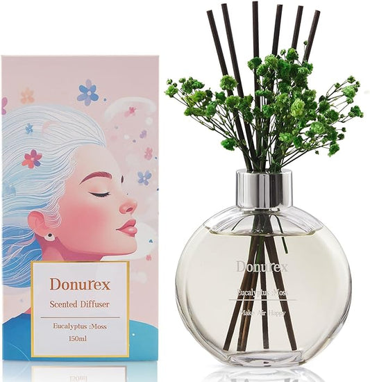 Donurex Flower Reed Diffuser Set 5.07oz Eucalyptus & Moss Scent Diffuser with Sticks Home Fragrance Reed Diffuser for Bathroom Shelf Decor
