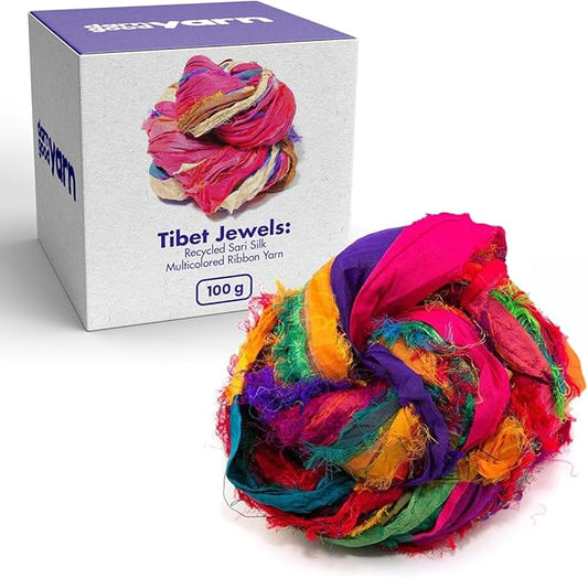 DARN GOOD YARN Recycled Sari Silk Ribbon Yarn Tibet Jewels Dyeable 100 Grams, 50 Yards, 1 Skein Handmade one of a Kind