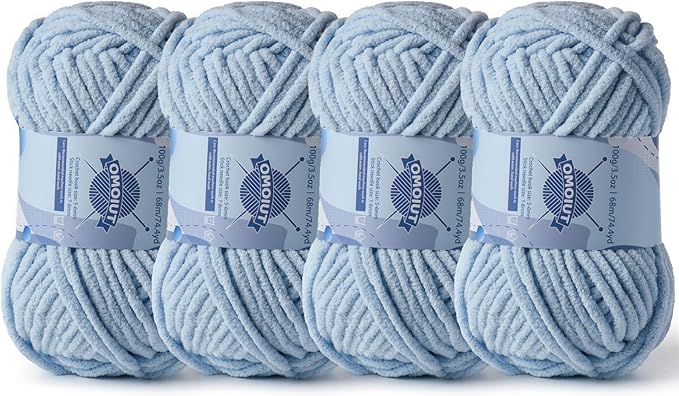 Chunky Chenille Yarn for Crocheting，Baby Yarn for Crocheting Soft Blankets，Bulky Yarns for Crochet Amigurumi，4×100g (4×74.3yds) Fluffy Velvet Yarns for Hand Knitting (4 Sky Blue)