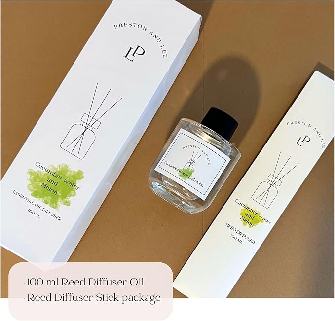 Preston and Lee Reed Diffuser Set | 100 ml (3.4 fl oz) Cucumber Water and Melon Scent | Reed Diffuser Set | Aromatherapy Diffusers | Natural Reed Diffuser Oil for Home and Spa Fragrance