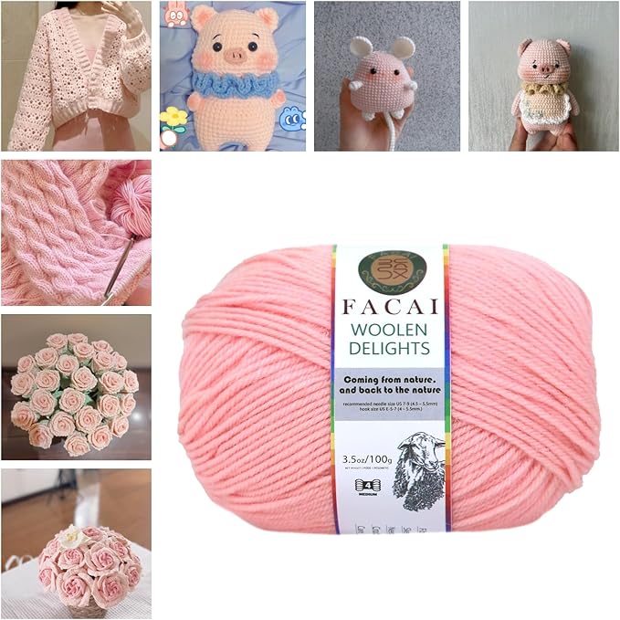 Facai Blend Merino Wool Yarn for Knitting - Worsted Weight,197yds (3.5oz) Ball, Ideal for Sweaters, Scarves, and Accessories (3, Pink)