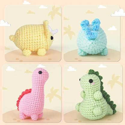 Crochet Kit for Beginners, Beginner Crochet Kit for Adults with Step-by-Step Video Tutorials, DIY Crochet Animal Kits Knitting Supplies, 4 Pack Dinosaurs (40%+ Yarn)
