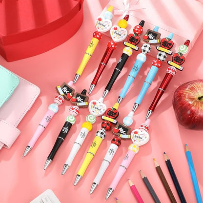 Geyee 12 Set Plastic Beadable Pens Assorted Bead Pens Crystal Wood Round Spacer Set Black Ink DIY Ballpoint for Women Men Gift Office Supplies(Teacher)