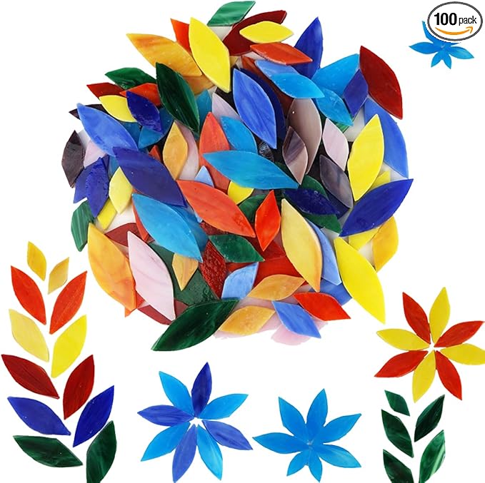 Lanyani Bright Glass Petal Mosaic Tiles, Hand-Cut Stained Glass Flower Leaves Tiles for Crafts, 100 Pieces Assorted Size&Colors…