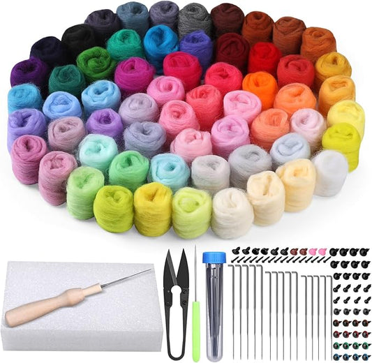 JUPEAN Needle Felting Kits, 60 Colors Wool Roving, Wool Felting Kit with Felting Needles, Foam Mat, Needle Felting Supplies
