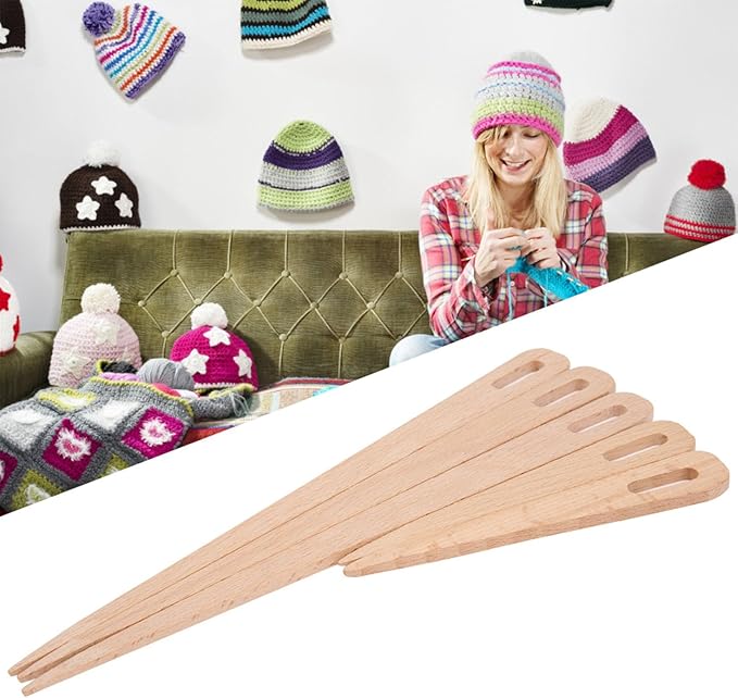 Kodrily 5PCS Weaving Needles, Big Eye Wood Weaving Tools Set, Beech Knitting Fork, DIY Hand Knitting Wood Tool, Portable Needles Weaving Sticks for Crafts Sewing Weaving Yarn