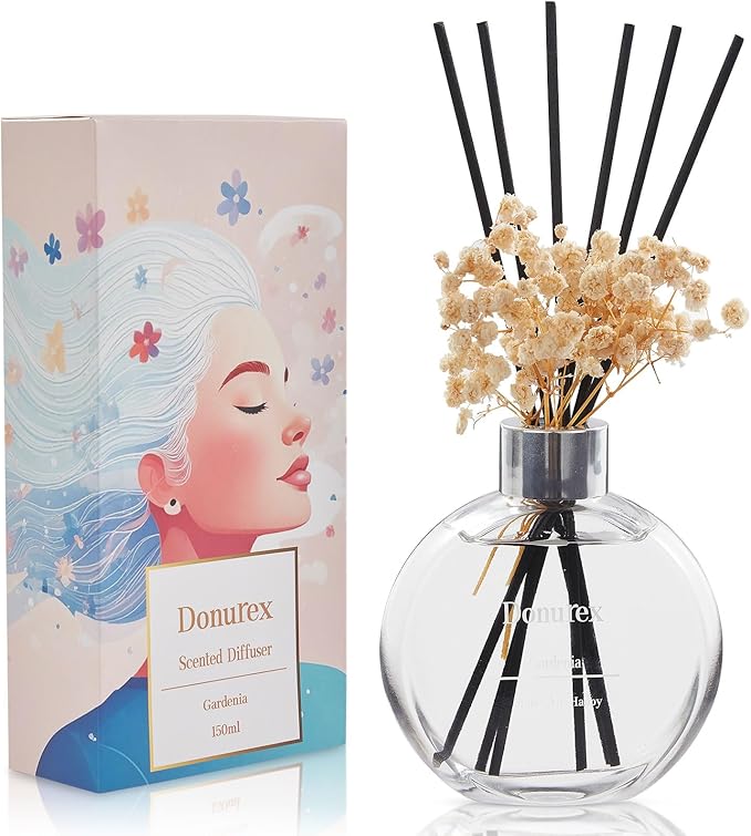 Donurex Flower Reed Diffuser Set 5.07oz Gardenia Scent Diffuser with Sticks Home Fragrance Reed Diffuser for Bathroom Shelf Decor
