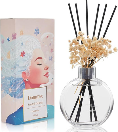 Donurex Flower Reed Diffuser Set 5.07oz Gardenia Scent Diffuser with Sticks Home Fragrance Reed Diffuser for Bathroom Shelf Decor