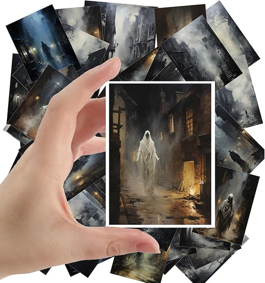 Large Stickers Pack 24 pcs ~ Ghostly Silhouettes: Mysterious Figures Roaming Fog-Enshrouded Streets - A Haunting Stickers Collection of Gothic Vistas