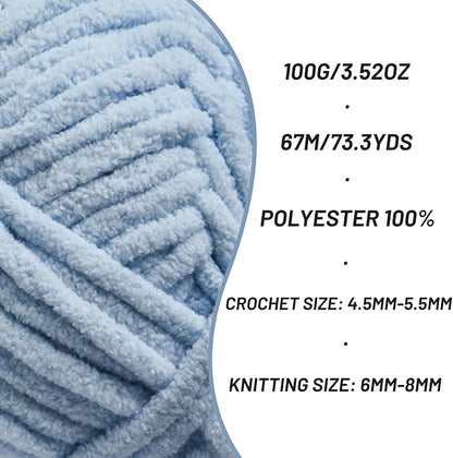 Chunky Chenille Yarn for Crocheting，Baby Yarn for Crocheting Soft Blankets，Bulky Yarns for Crochet Amigurumi，100g (74.3yds) Fluffy Velvet Yarns for Hand Knitting (Sky Blue)