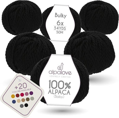 Bulky Set (6 x 1.75 oz) Super Soft Baby Alpaca Knitting Yarn Black 328 Yards