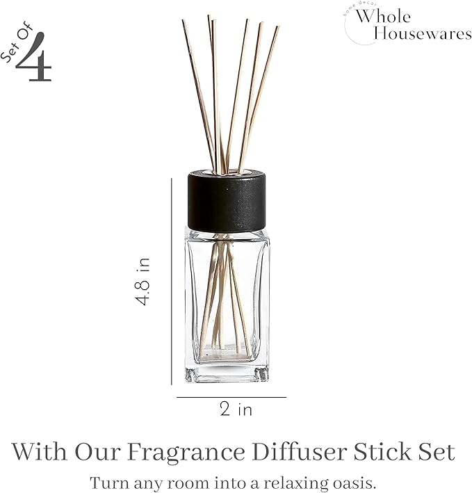 WHOLE HOUSEWARES Natural Diffuser Reeds Bottles Sticks | Clear Glass Home Décor for Kitchen and Living Room | Black Wood Caps | Décorative Fragrance Set with Long Lasting Aroma - Set of 4