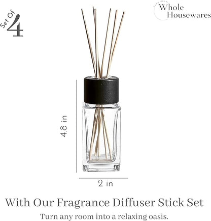 WHOLE HOUSEWARES Natural Diffuser Reeds Bottles Sticks | Clear Glass Home Décor for Kitchen and Living Room | Black Wood Caps | Décorative Fragrance Set with Long Lasting Aroma - Set of 4