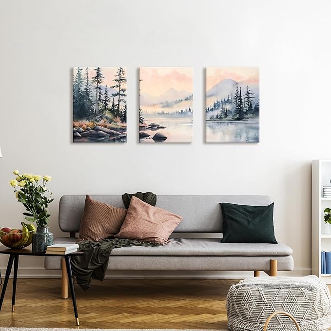 WENGTIAO 3 Pink Green Fog Forest Lake Canvas Wall art, Pine Watercolor Landscape Mural Sunset Misty Mountain Wall Pictures Posters Art Print for Living Room Bedroom Office Home Decor 12"x16"x3 Pcs