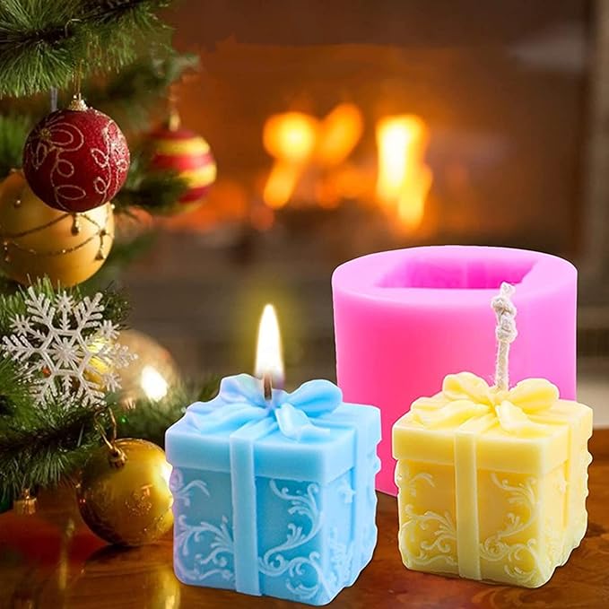 Candle Soap Silicone Mold Wick - Gift Box, DIY Handmade Candles Melt Molds for Fondant Cake Wax Melt Moulds, Christmas Cake Candy Mould, Christmas Party Gifts Decoration for Oven Cupcake