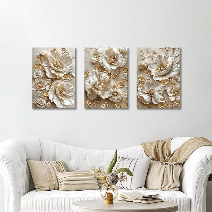 3 Pcs Modern Beige Gold Peony Floral Canvas Wall Art, Neutral Elegant 3d Beige Flowers Wall Painting White Blooming Floral Pictures Posters Art Print Home Decor for Bedroom Living Room Office 20"x28"x3