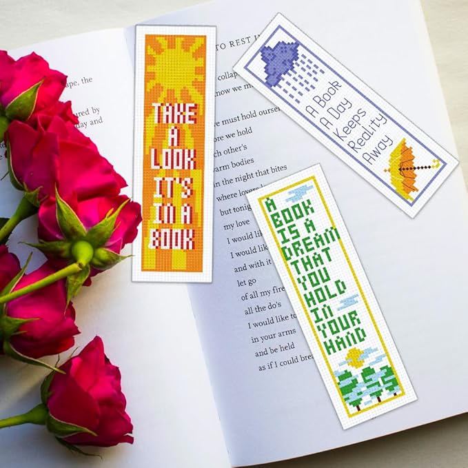 ORIGACH 6 Pcs Cross Stitch Bookmark Kit for Beginner Adults, Reading Sayings Stamped Embroidery Bookmark Kit with Instruction for Starters Printed Cross Stitch DIY Kits for Book Lovers