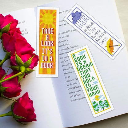 ORIGACH 6 Pcs Cross Stitch Bookmark Kit for Beginner Adults, Reading Sayings Stamped Embroidery Bookmark Kit with Instruction for Starters Printed Cross Stitch DIY Kits for Book Lovers
