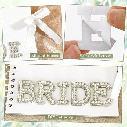 Alynsehom 8 x 8 Inch Letters to The Bride Scrapbook Kits Wedding Memory Book with DIY White Scrapbook Photo Album Blank Paper Bows Pearl Stickers Metallic Letters Heart Sticker Round Dot Stickers