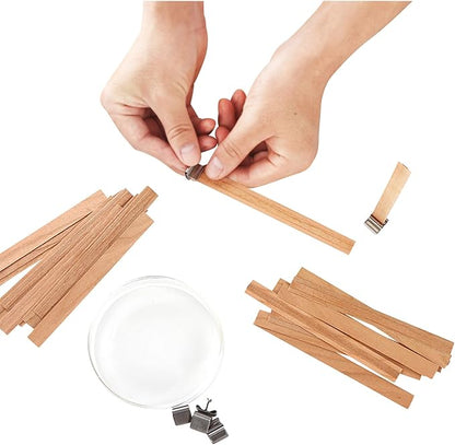 NOOR 50 Pieces Smokeless Wooden Wicks with Trimmer for Candle Making and 5.1 X 0.2 inch Booster - 5.1 X 0.5 inch Crackling Wood Wick for DIY Candles with 50pcs Metal Clips