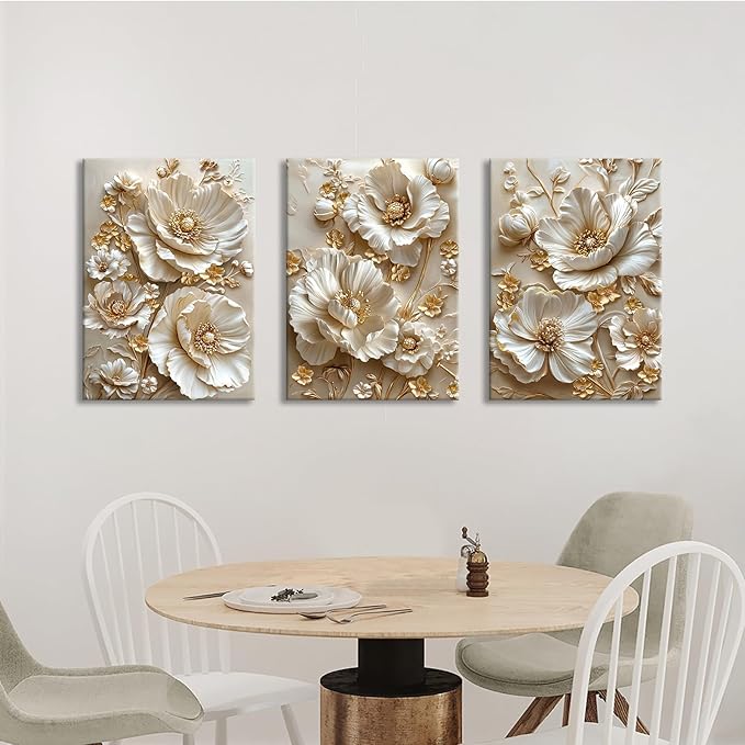 3 Pcs Modern Beige Gold Peony Floral Canvas Wall Art, Neutral Elegant 3d Beige Flowers Wall Painting White Blooming Floral Pictures Posters Art Print Home Decor for Bedroom Living Room Office 20"x28"x3