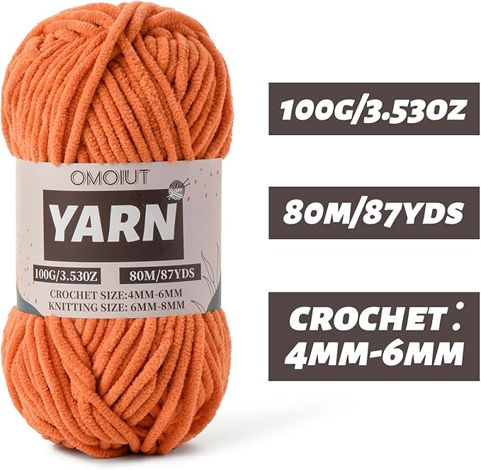 Fluffy Chenille Yarn for Crocheting - Baby Yarn for Crocheting Soft Blanket - 3 Pack of 100g/(87.4yds) Crochet Amigurumi Chunky Yarns - Super Bulky 5 Velvet Yarns (3 Orange)