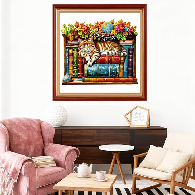 Joyhoor Stamped Cross Stitch Kits for Beginners Needlepoint Kits for Adults Embroidery Kits 11CT Counted Cross Stitch Kits Printed Embroidery Pattern- Bookshelf cat 18x18 inch