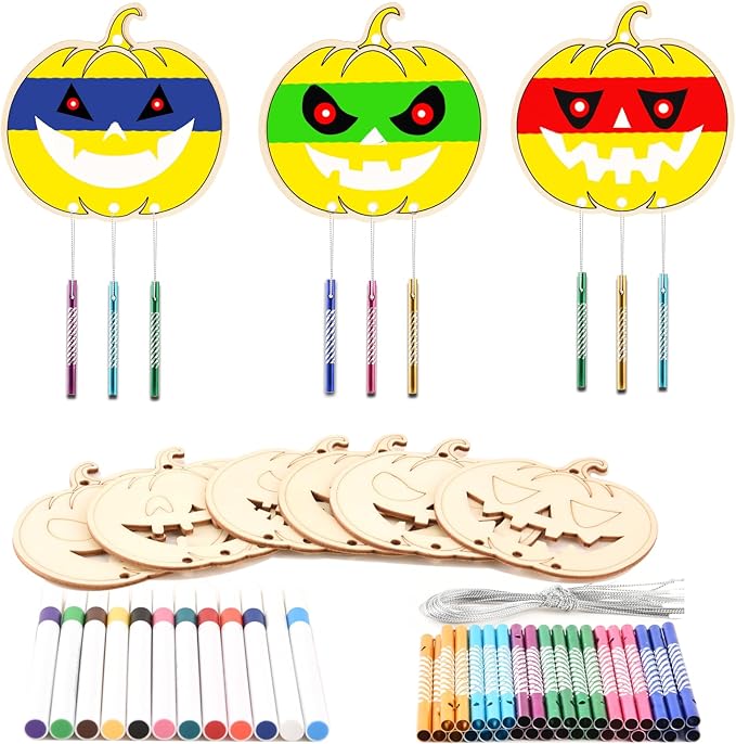 Wooden Pumkins Wind Chime Ornaments Painting Craft,12PCS Unfinished Wood Hanging Decoration,6 Style Cutouts for Adults Olders to Paint DIY Tags Wedding Home Decors Hanging