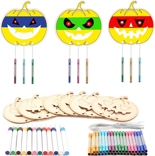 Wooden Pumkins Wind Chime Ornaments Painting Craft,12PCS Unfinished Wood Hanging Decoration,6 Style Cutouts for Adults Olders to Paint DIY Tags Wedding Home Decors Hanging